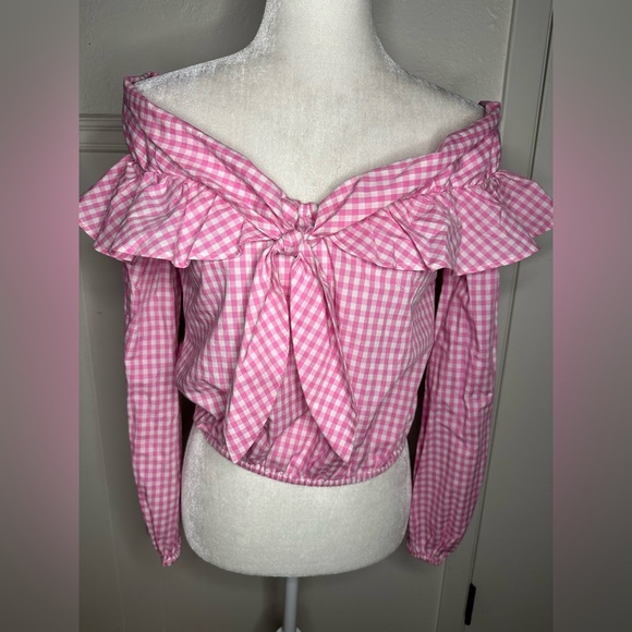 Lovers + Friends Pink Checkered Off-Shoulder Blouse size S - Picture 2 of 7